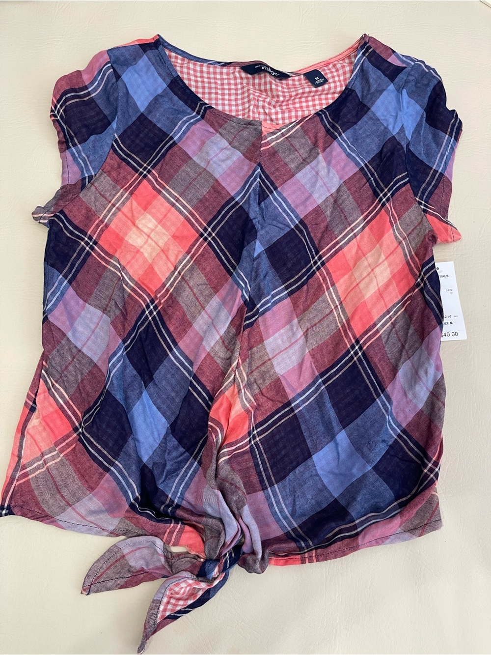 Indigo‎ Plaid Tie-Front Short Sleeve Blouse in Pink & Blue